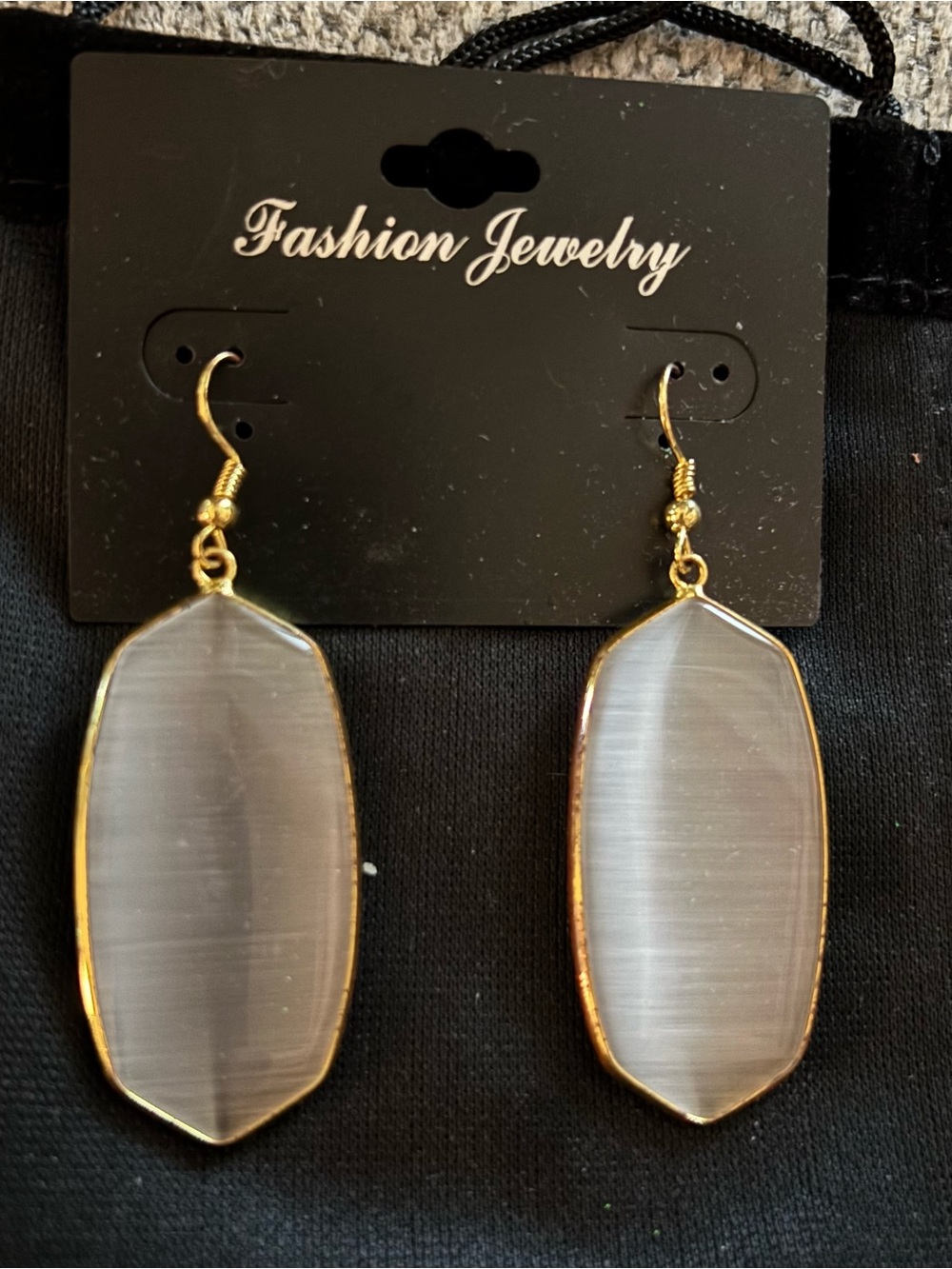 Fashion Jewelry Gold-Trim Gray Stone Dangle Earrings